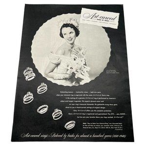 1948 Art Carved Rings by Wood Vtg Print Ad Pat McElroy Bridal Jewelry Wedding